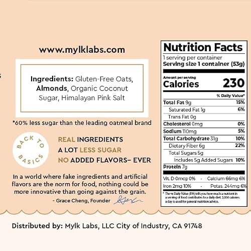 Mylk Labs - Roasted Almond Instant Oatmeal Cups - Gluten Free, High Fiber, High Protein, Non Gmo, Low Sugar, Quick Breakfast Oats - 6 Pack #TOP2