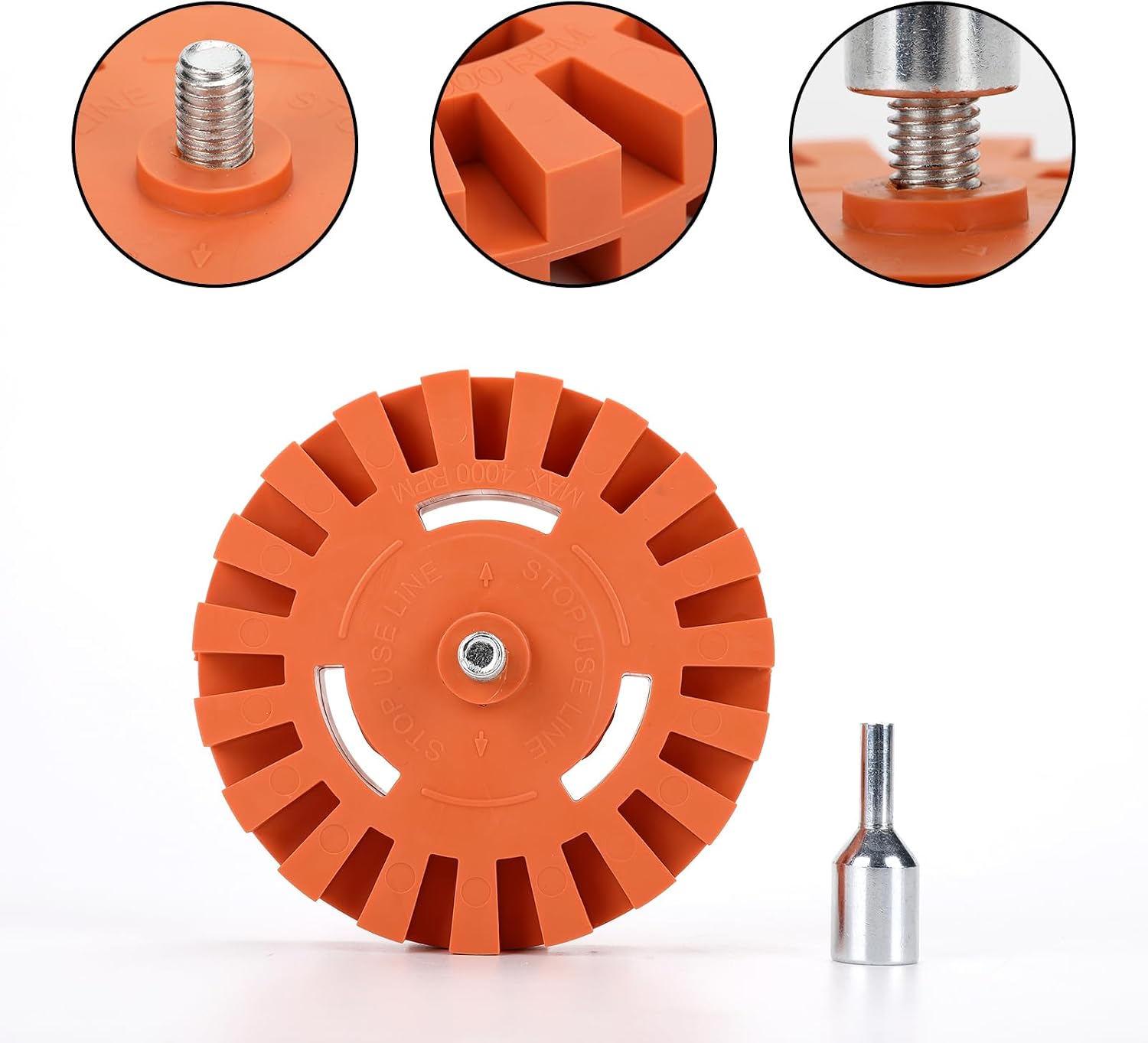 Rubber Eraser Wheel with Drill Adapter (4 Pack) - 4” Knobby Slotted Edge Pad - Decal Remover Wheel - Sticker Remover Tool - Removes Adhesives on Car, Auto, Boat, RV & Signs