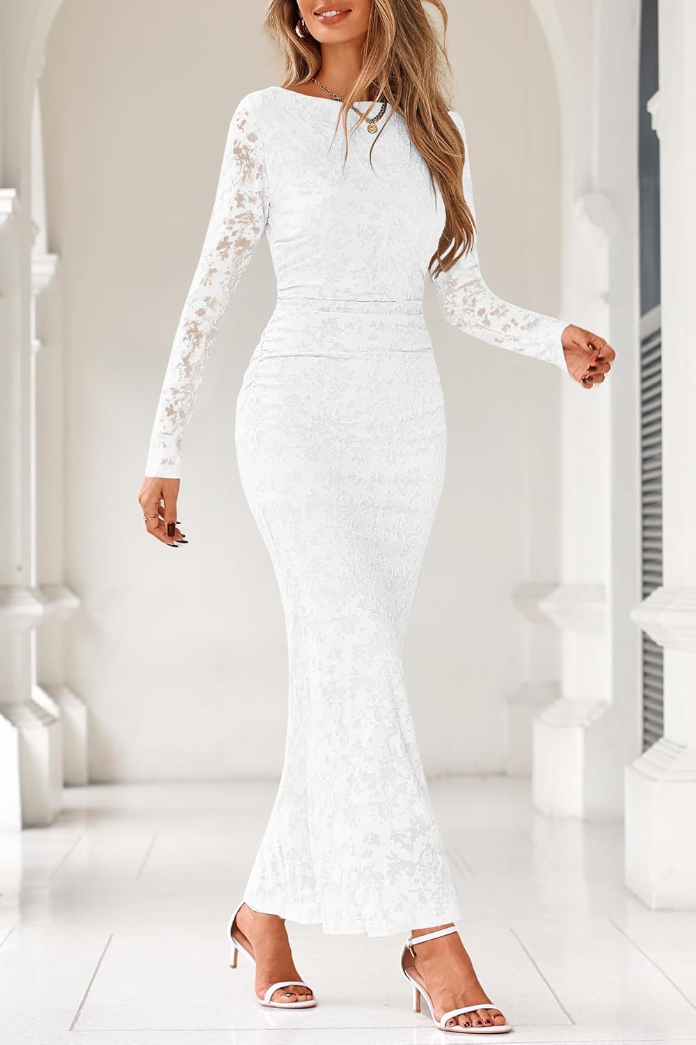 MITILLY Women's Formal Long Sleeve Dress Fall Elegant Floral Bodycon Ruched Cocktail Party Maxi Dresses New - Image 2