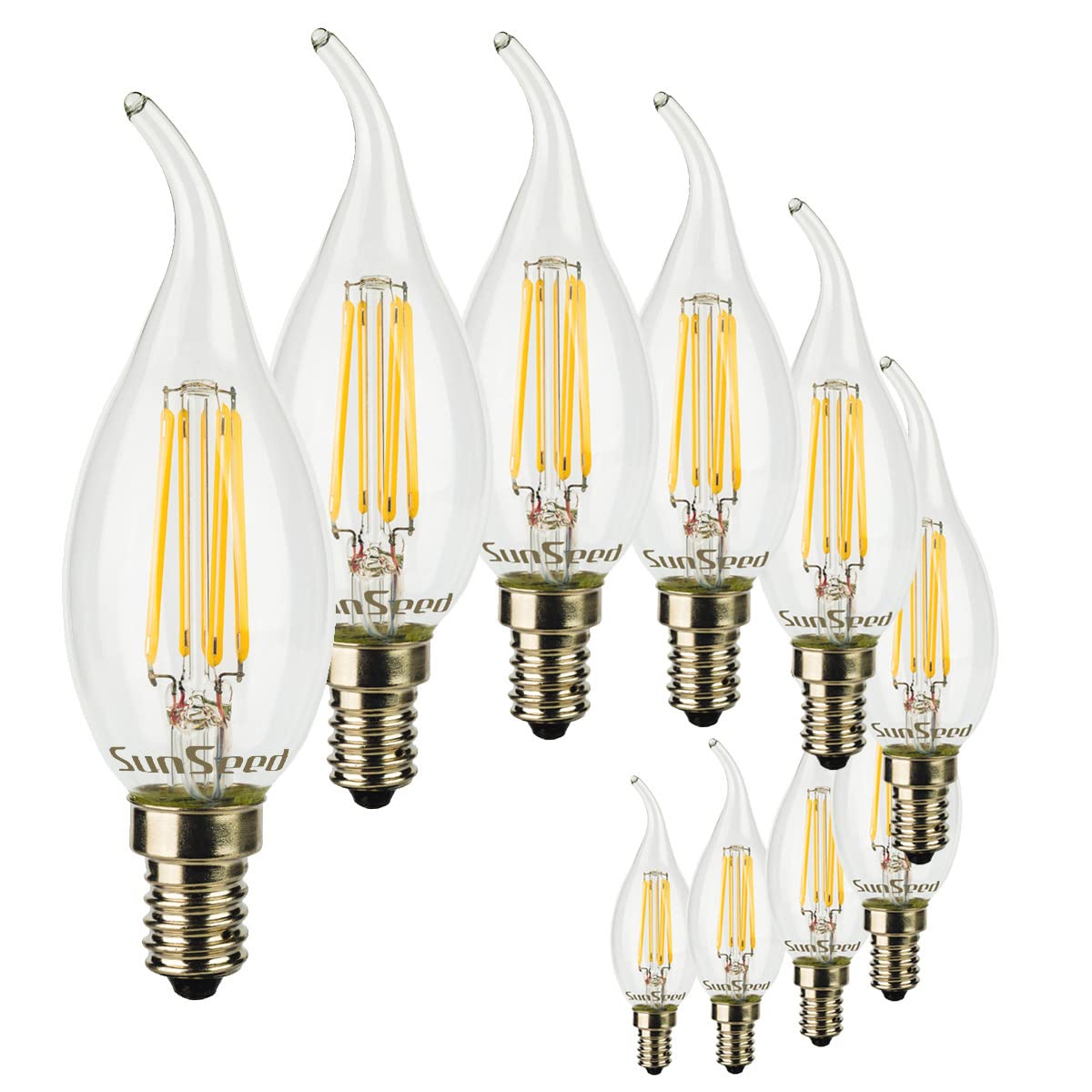 SUNSEED 10 X E14 6W (Equivalent to 60W) Sapphire Filament LED Flame Light Bulb C35TA Neutral White 4000K, Pack of 10
