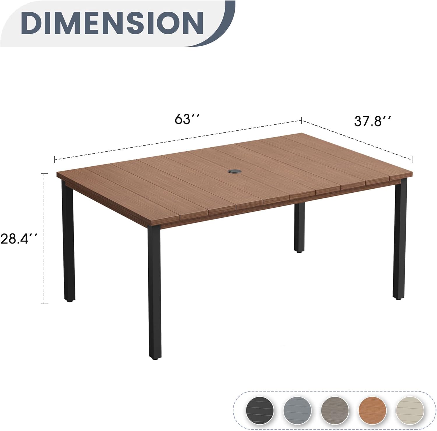 VICLLAX Outdoor Patio Dining Table for 6, 63" Rectangle Dining Table with Umbrella Hole for Porch, Backyard, Garden, Deck, Walnut