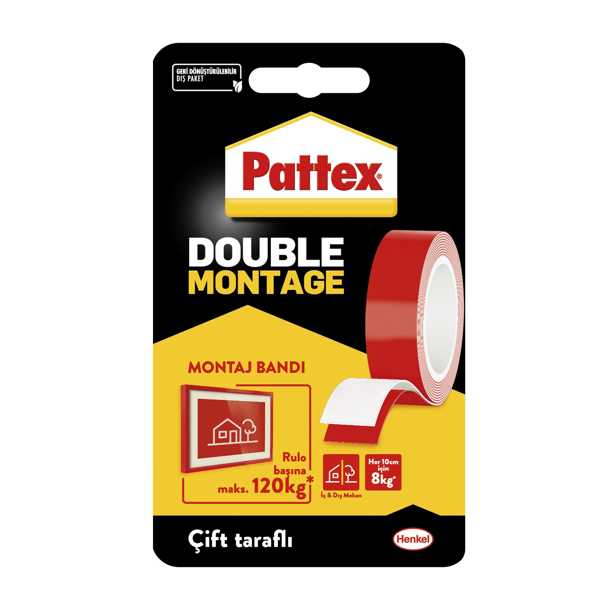 Pattex Double Montage Çift Taraflı Montaj Bandı, İç ve Dış Mekanlar İçin Uygun Ekstra Güçlü ve Dayanıklı Bant Yapıştırıcı, Beyaz, 19 mm x 1,5 m