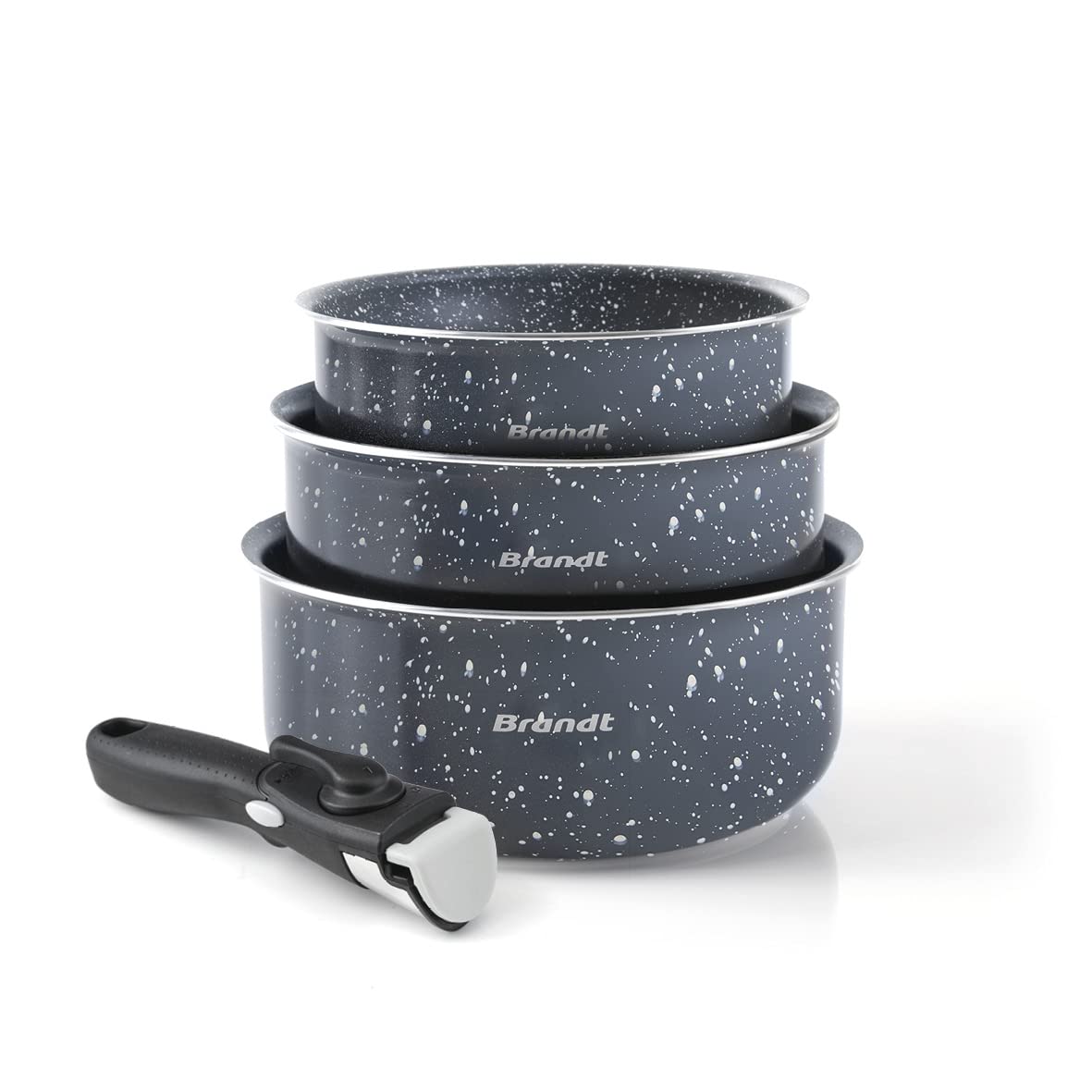 Qulinart by Brandt - Set de 3 casseroles en aluminium 16/18/20 cm avec poignée amovible - Gris marbre