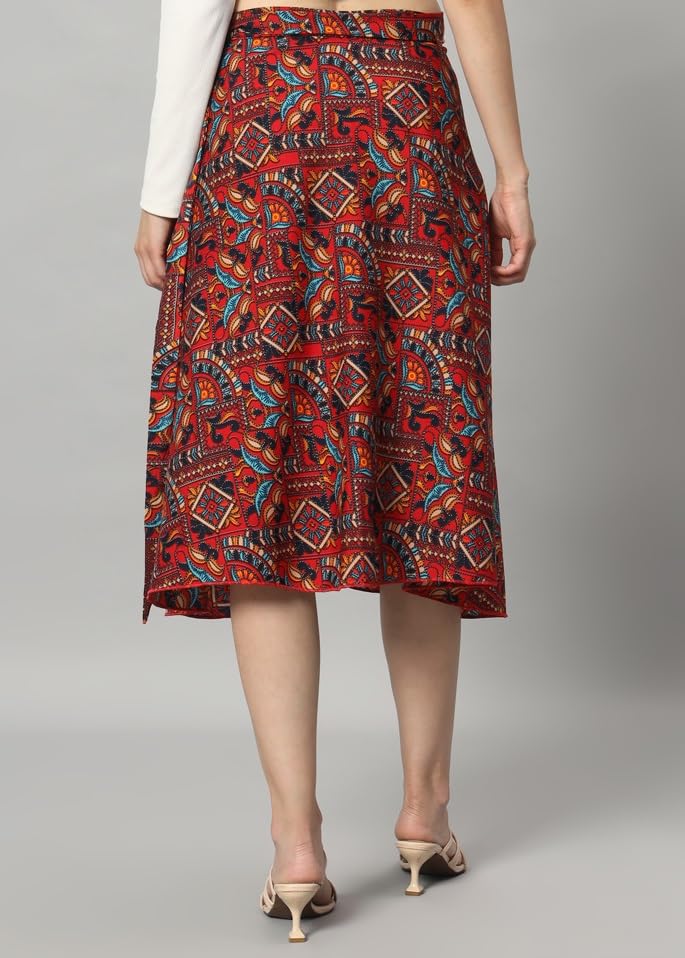 Image of GirlCode Women's Boho Floral Print Wrap Front Self Tie Knot Midi Skirt Women & Girls