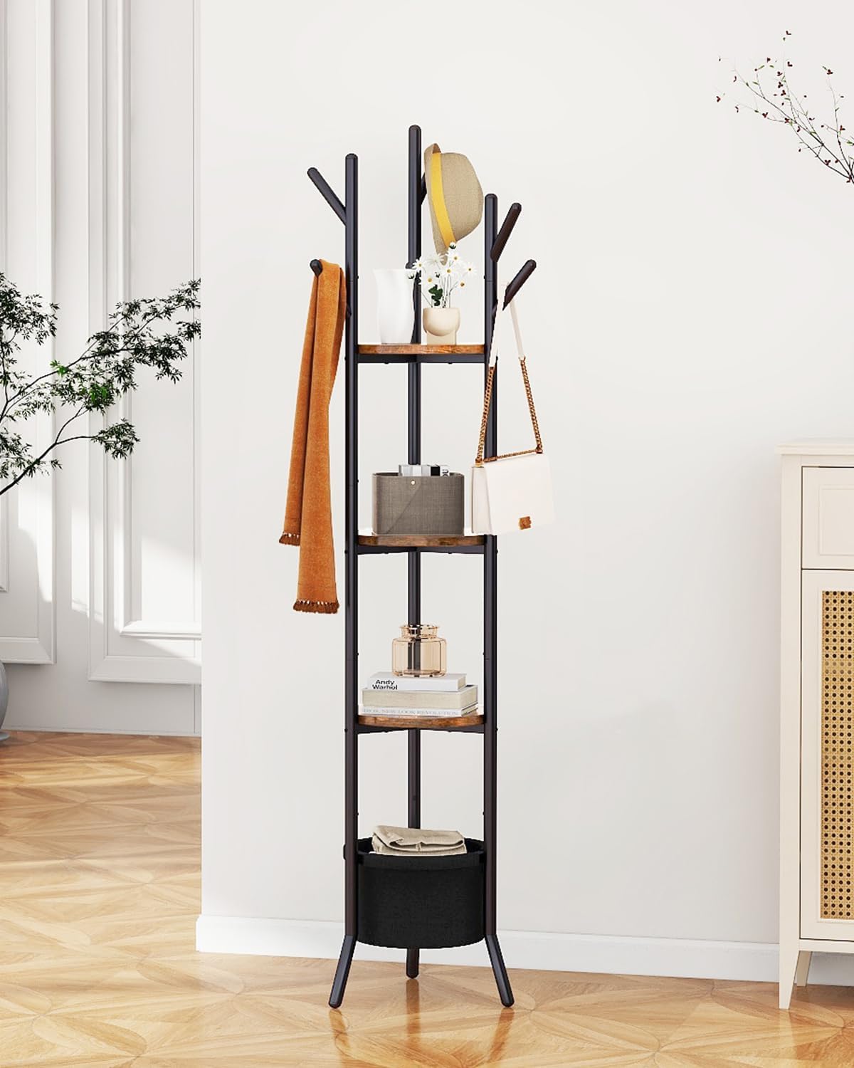 YMYNY Coat Rack, Freestanding Coat Stand with Storage Shelves, Hall Trees with 3 Wooden Shelves and 1 Fabric Basket, Metal Clothes Stand for Hats Bags Hallway Bedroom Rustic Brown UHGR005H