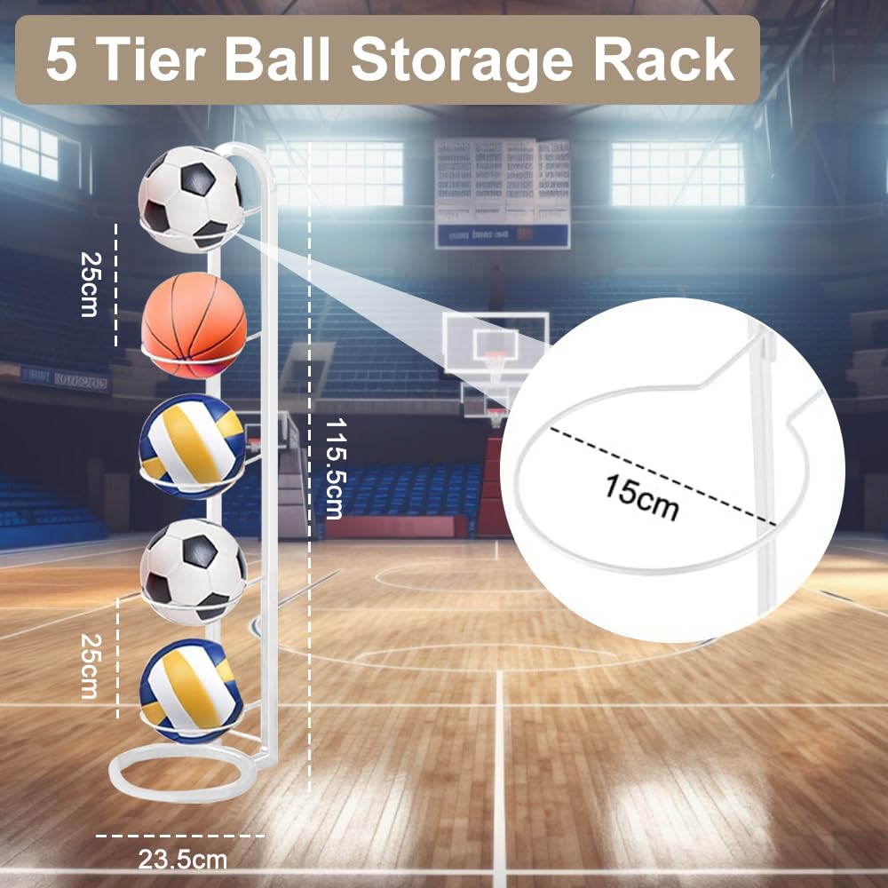 Kleemeiero Soporte para Balones de Baloncesto, Soporte Pelota Baloncesto Vertical de 5 Niveles, Estante de Bolas de Metal, Estante de Almacenamiento de Pelotas para Baloncesto, Fútbol y Voleibol — view 2