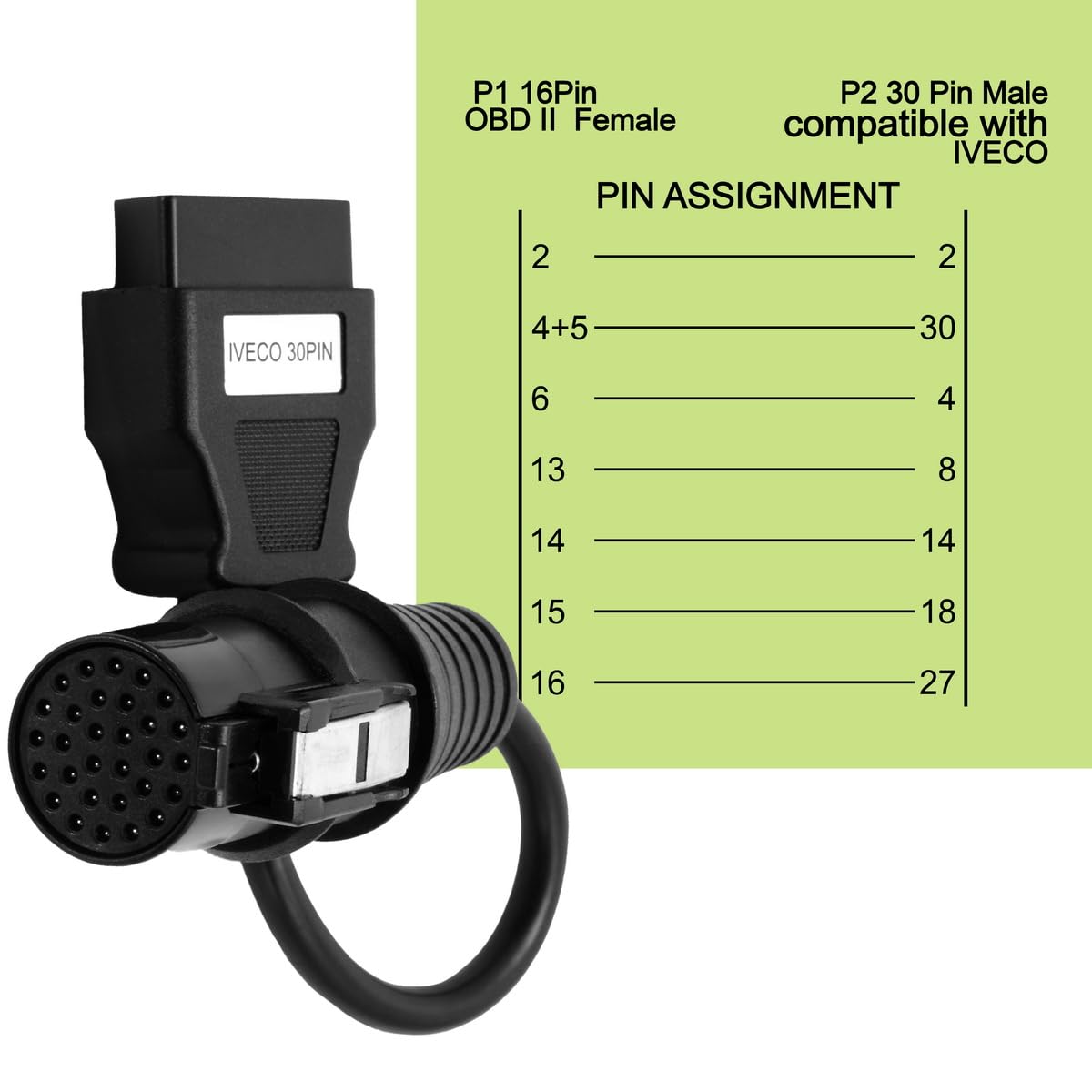 OBD2 Female 16pin Cable to 30pin Male Compatible with Iveco Truck OBDII Diagnostic Scaner — view 4