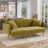 DAMAIFROM Futon Sofa Bed, Upholstered Comfy Velvet Futon Couch, Sleeper Sofa, Loveseat, Mid Century Modern Small Sofa, 75' Couches for Living Room, Office, Small Spaces, Olive Green