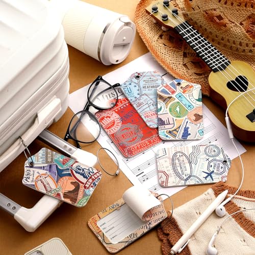 Dansydaisy 6 Pack Travel Stamp Luggage Tags for Suitcases Bulk Funny Luggage Tags PU Leather Suitcase Label with Loop Travel Privacy Name ID Card Cover Bag Set for Women Men