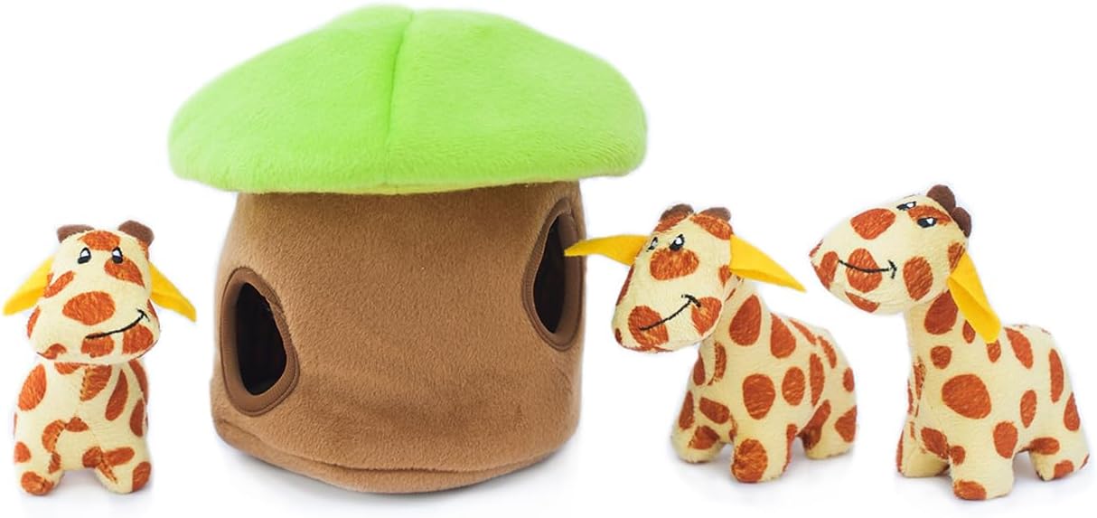 ZippyPaws - Zoo Friends Burrow, Interactive Squeaky Hide and Seek Plush Dog Toy - Giraffe Lodge
