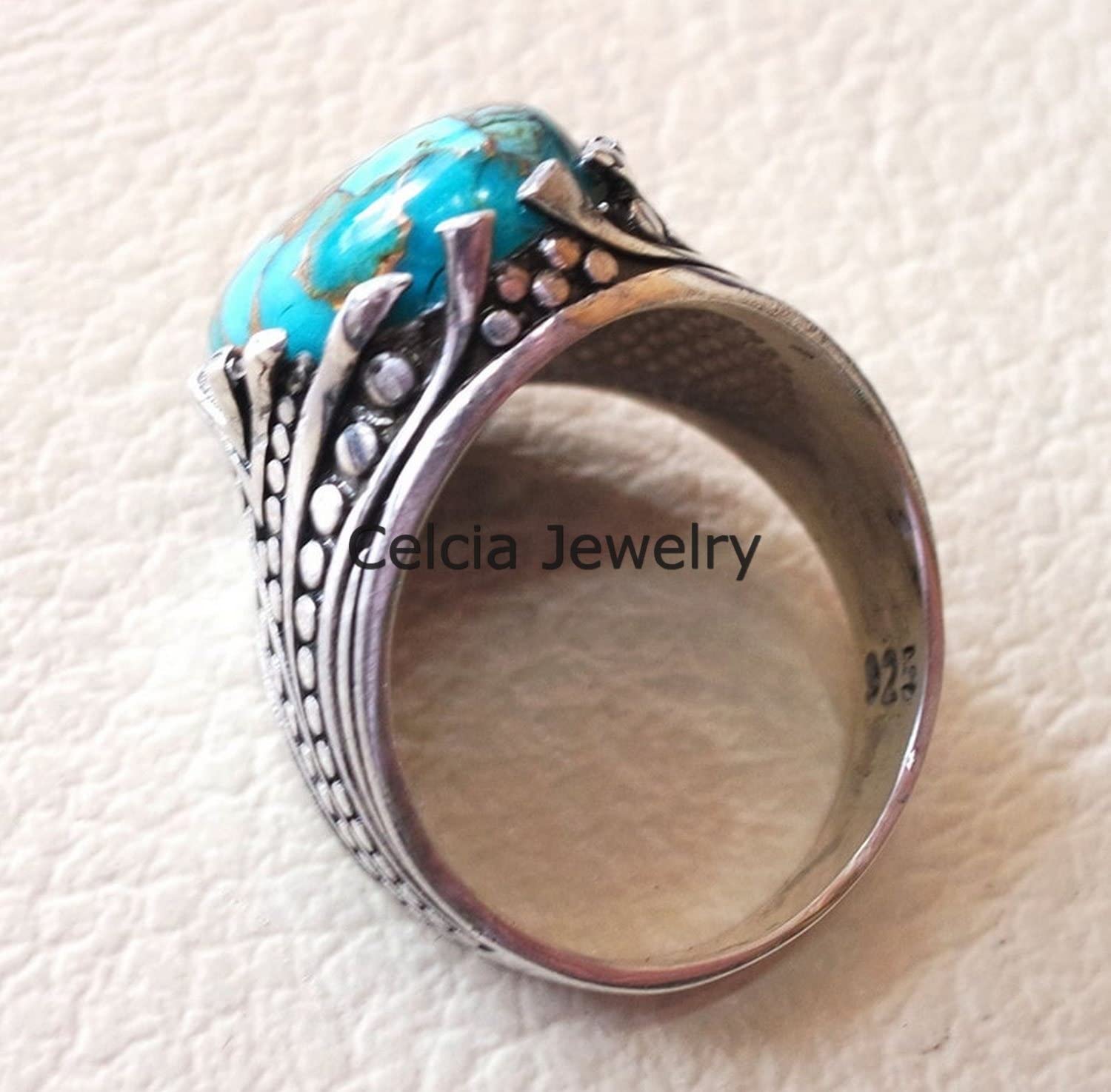 Bague ovale en cuivre bleu turquoise véritable pierre précieuse bleue, véritable argent sterling chevalière, bague de déclaration, bague de mariage, bague de cadeaux pour homme, cadeau unique pour lui