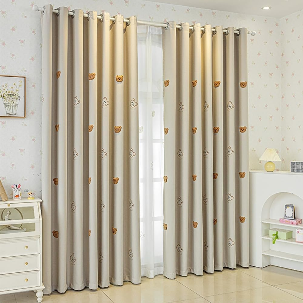 Cartoon Blackout Curtains for Kids Nursery Room Cute Animals Embroidered Room Darkening Heavy Grommet Window Curtain Drape for Bedroom Living Room 1 Panel Beige W42 x L84 Inch