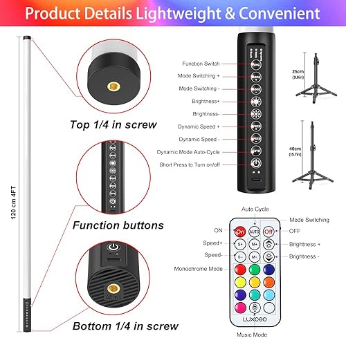 Miniatura 6 de 2 Pack 4ft Portable Battery Powered Tube Light 5000 mAh Handheld LED Tube Lights 120cm with Tripods, 500 Vivid Effects, for DJ Lighting, Dance,