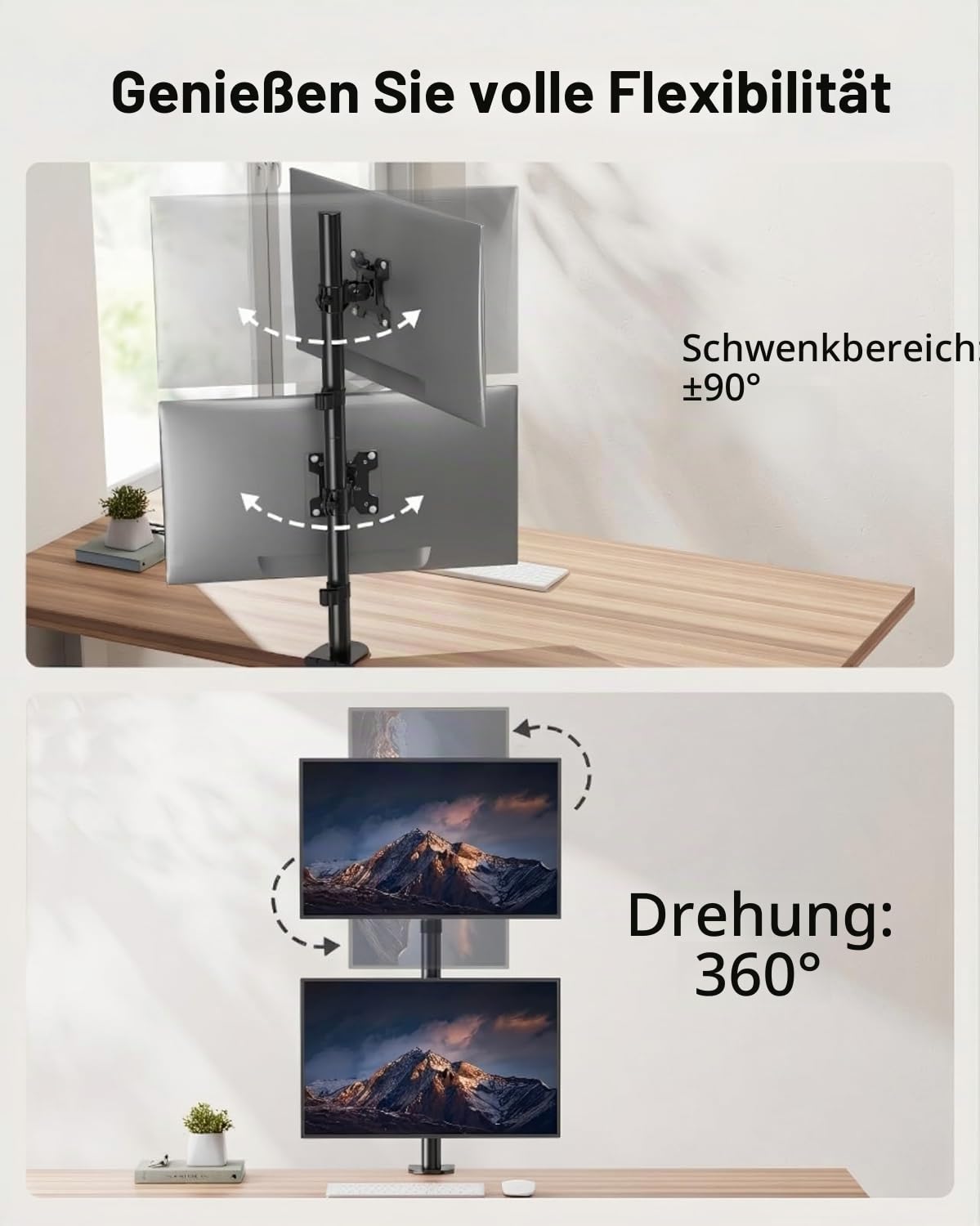 HUANUO vertikale Monitor Halterung 2 Monitore, stapelbare Monitor Halterung mit Höhenverstellung, Bildschirmhalterung 2 Monitore stützt Zwei 17 bis 32 Zoll mit C-Klemme, Jede kann bis zu 8kg tragen