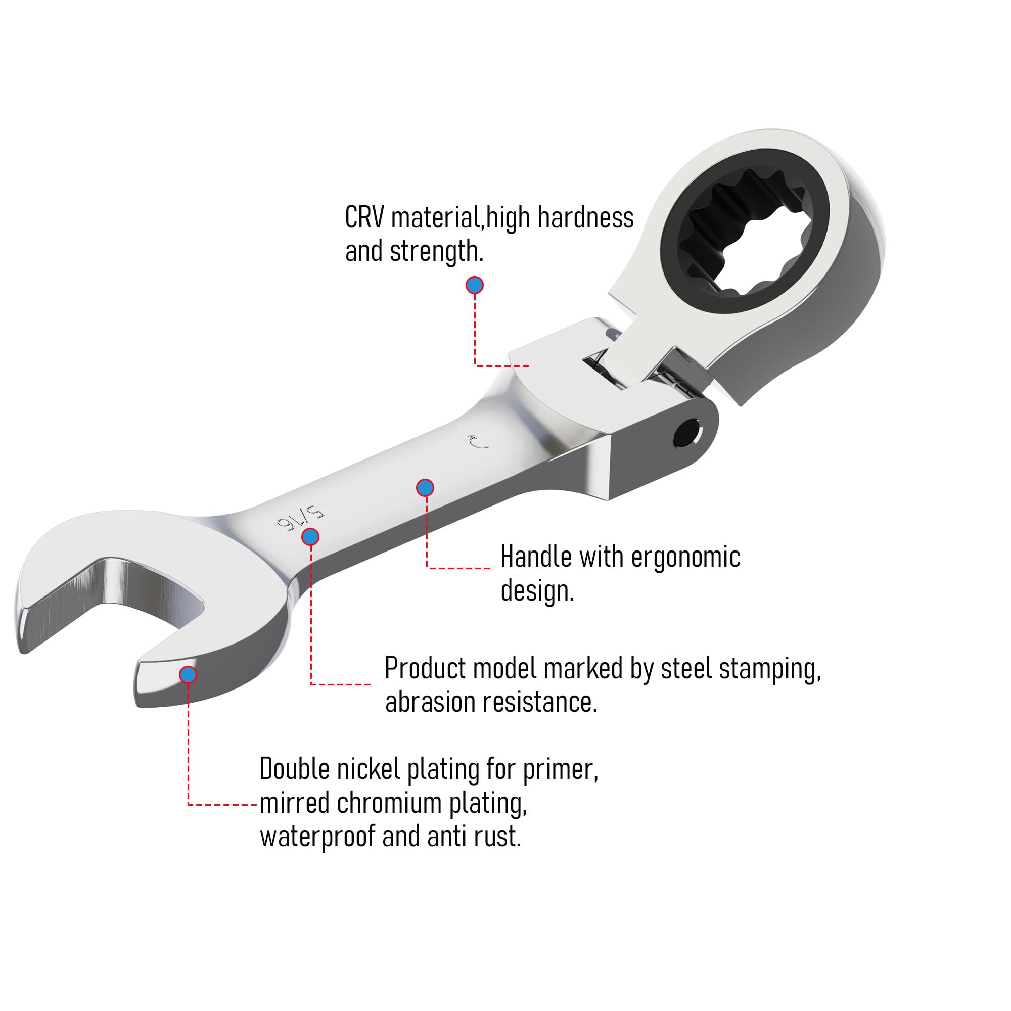FOCMKEAS 1/2" Stubby Flex-Head Ratcheting Combination Wrench - 72-Tooth, 12-Point, SAE, CR-V Steel - View #6