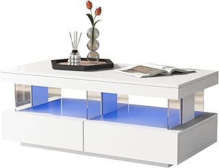 ModernLuxe Coffee Table, White High Gloss Living Room Tables with 16 Colors LED Lights, Coffee Table with 2 Drawers and Open Storage Space, Rectangular Coffee Tables for Living Room 100*60*49.5 cm