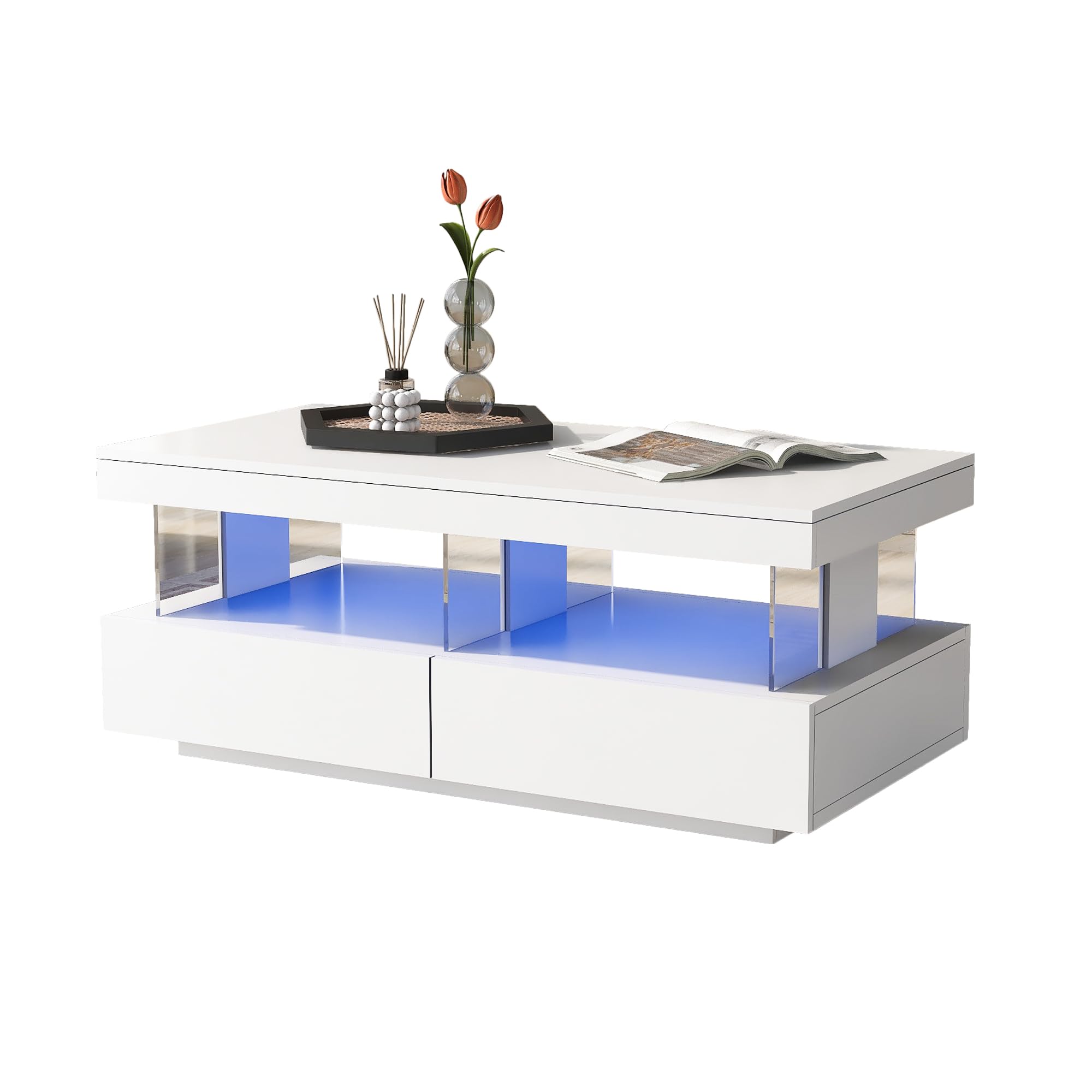 ModernLuxe Coffee Table, White High Gloss Living Room Tables with 16 Colors LED Lights, Coffee Table with 2 Drawers and Open Storage Space, Rectangular Coffee Tables for Living Room 100*60*49.5 cm — image 1