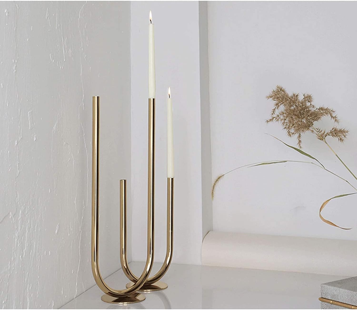 2 Simple U-Shaped Tubular Candlesticks Metal Candle Holders Set for Taper Candles (Golden)