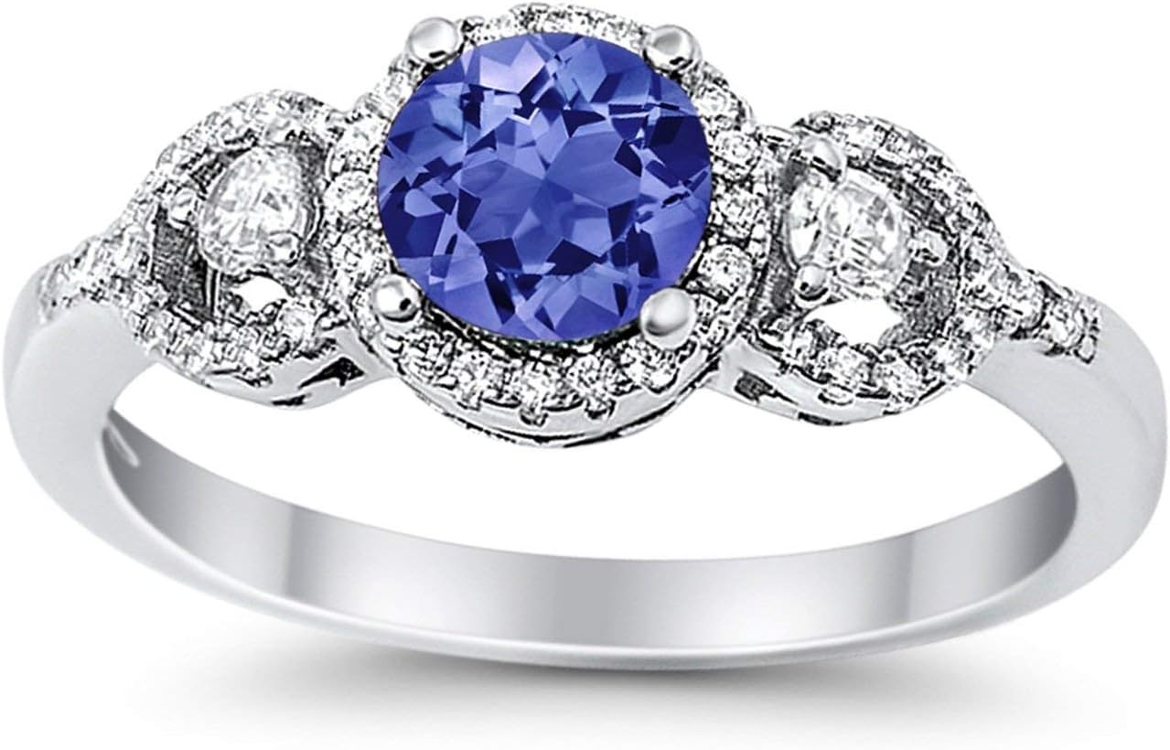 Blue Apple Co. Halo 3-Stone Wedding Engagement Ring Round Cubic Zirconia 925 Sterling Silver Choose Color