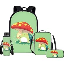 Upetstory 4-in-1 School Bag Set Mushroom Frog Backpack for Girls Kids Schoolbag Set with Lunch Box Pencil Purse Teen Water Bottle Sleeve Middle Elementary Preschool Kindergarten Bookbag
