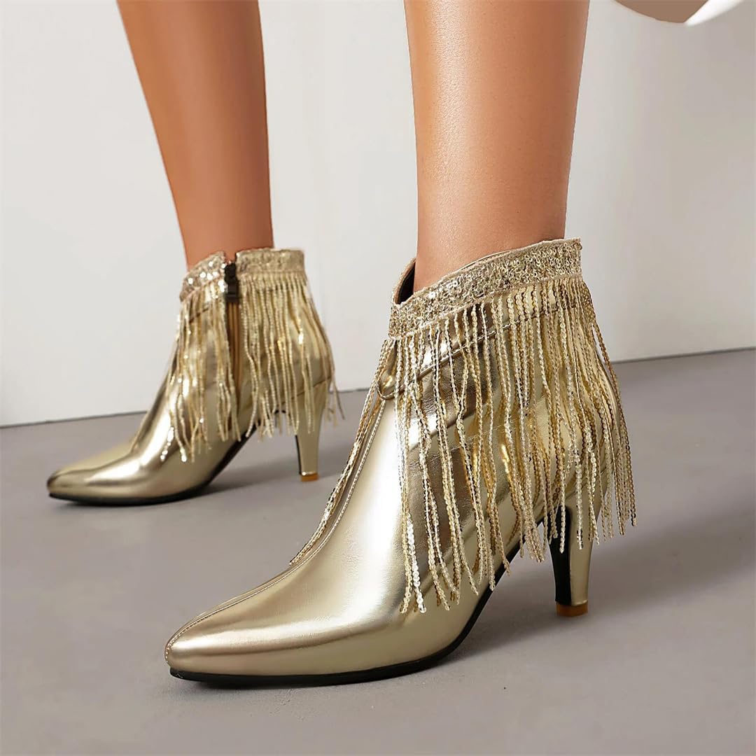 Women's Dazzling Ankle Boots With Stylish Fringe And A Super High Spike Heel Featuring A Pointed Toe For Parties