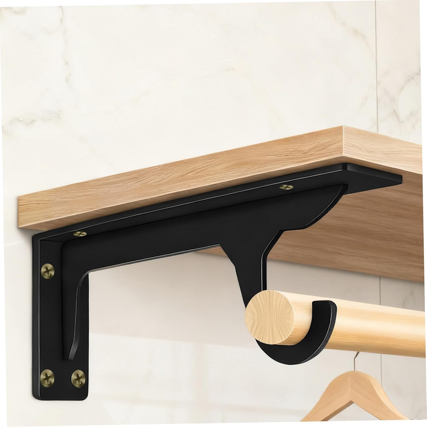 Closet Rod Support Brackets Cold-Rolled Steel 2pcs with Hook Heavy Duty Wall Mounted Shelf Brackets for Stable Support Black for Office and Balcony