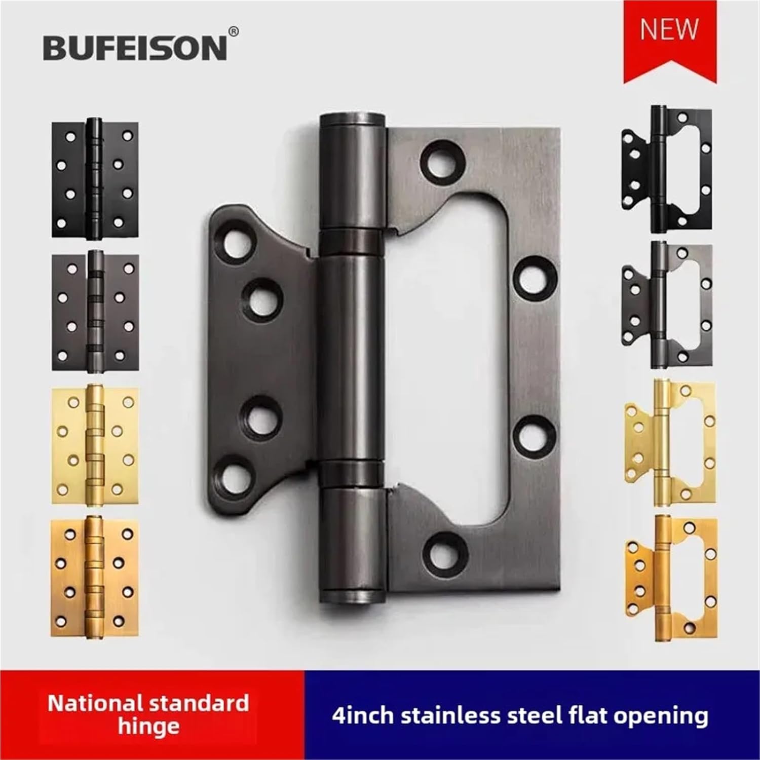 1pc Stainless Steel Mortise and Tenon Hinge Bearing Flat Opening Door Wooden Door Hinge(Gun Gray 4-inch Flat Open Foot Thick Hinge [1])