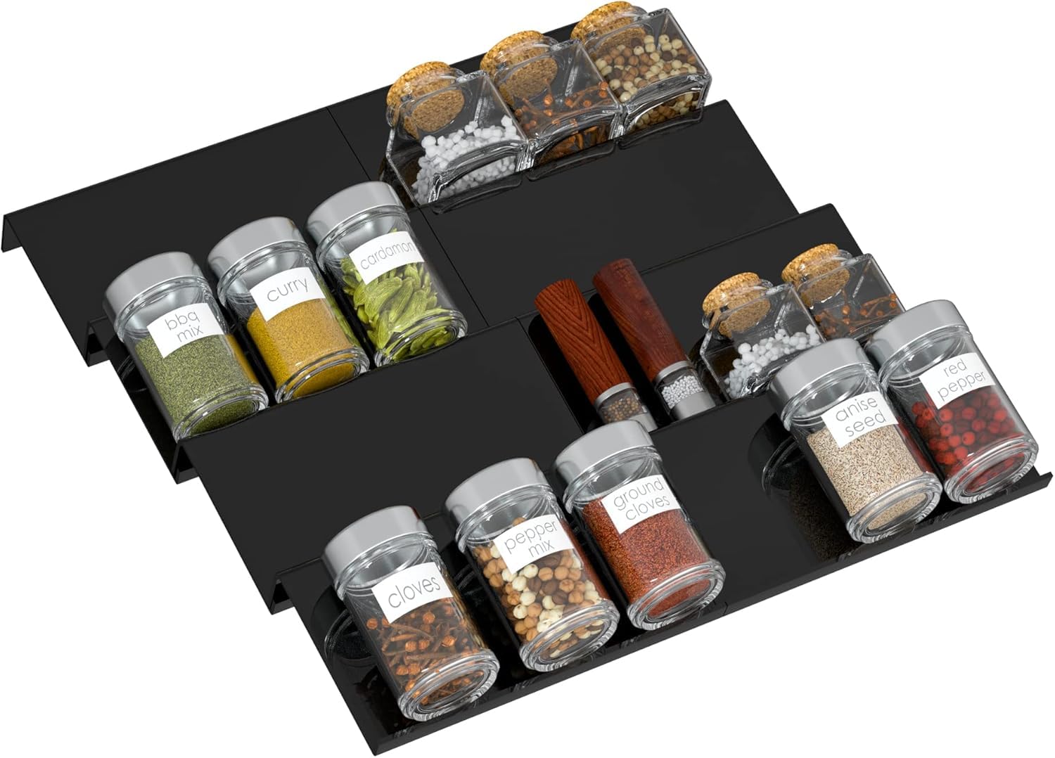 FANASSYY Adjustable Acrylic Spice Drawer Organizer Rack, Spice Drawer Organizer Shelf Acrylic Drawer Organizer for Seasoning Jars (8 Inch to 16 Inch Expandable), 4PCS