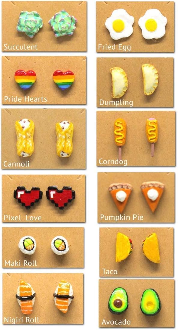 Stud Earrings for Women Set of 3 | Fun Hypoallergenic Pack of Earrings | Avocado Succulent Sushi Choose Your Own Variety