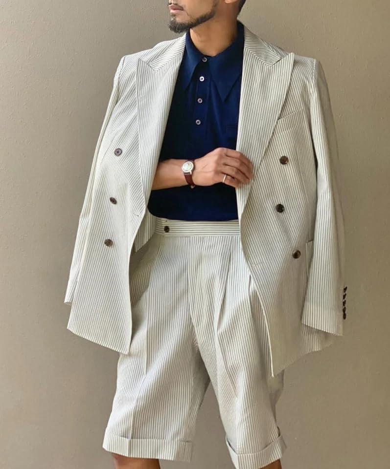 Seersucker Suit Shorts for Men Slim Fit Double Breasted Short Suit Set 2 Piece Blazer Short Pinstripe Outfits for Summer4