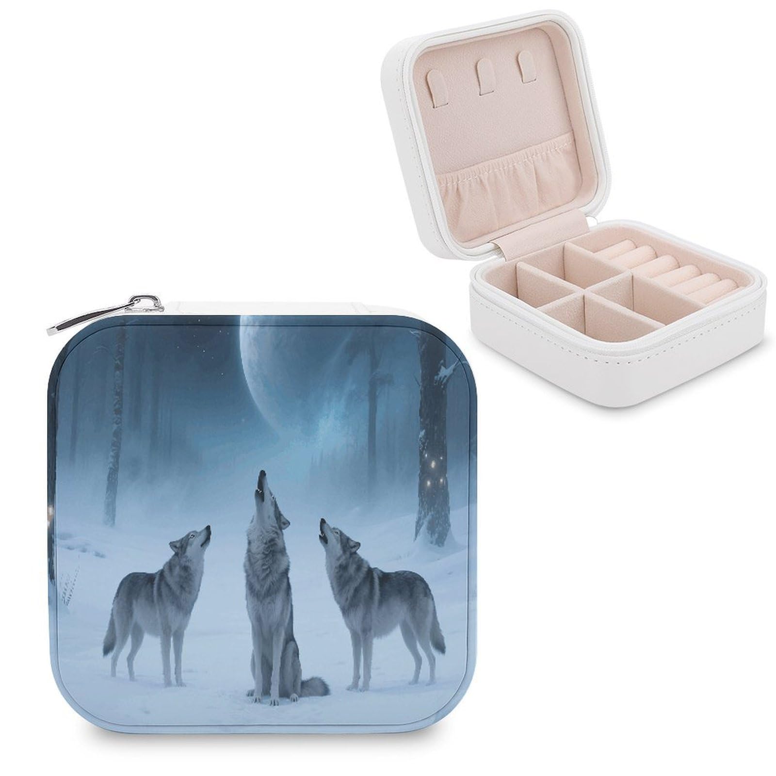VstaDank Wolves Howl in Snowy Jewelry Box for Women Jewelry Organizer Storage Case with Zipper Mini Travel Jewelry Case Cute Trinket Organizer Leather Portable Jewelry Storage Box