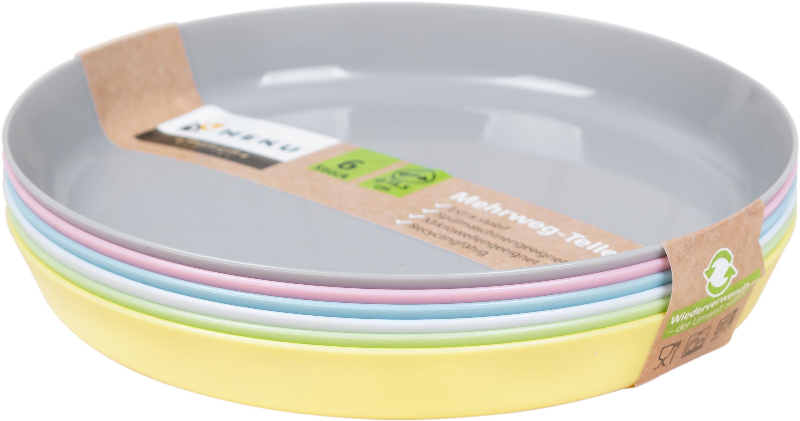 HEKU Set di 6 piatti riutilizzabili in pastello, diametro 18,5 cm, in materiale PP, leggeri e robusti, lavabili in lavastoviglie e adatti al microonde, multicolori
