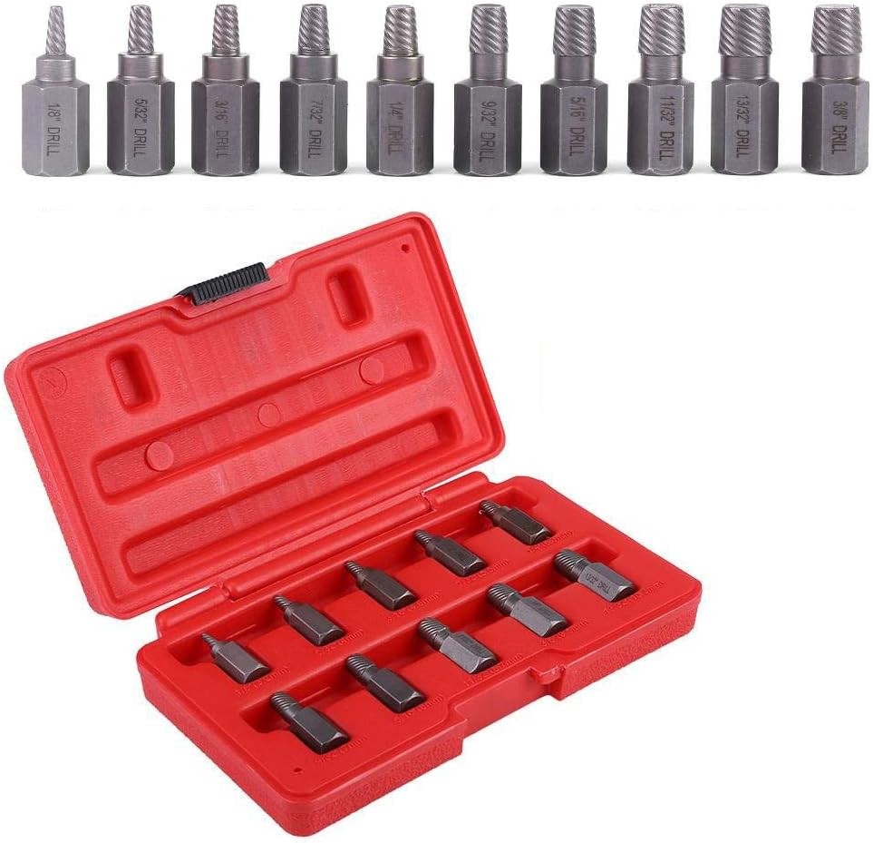 Screw Extractor Set,Chrome Steel, Reverse Spiral Design for Maximum Grip, 10 Pcs 3.2-10.3mm with Screw Extractor Guide, Suitable for High Applications