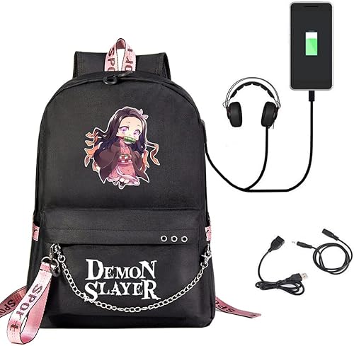 Miniatura 7 de SodaMeow Mochila de anime Nezuko Mochila Tanjiro Kimetsu no Yaiba, llavero gratis, con puerto de carga USB, Negro-a, Casual