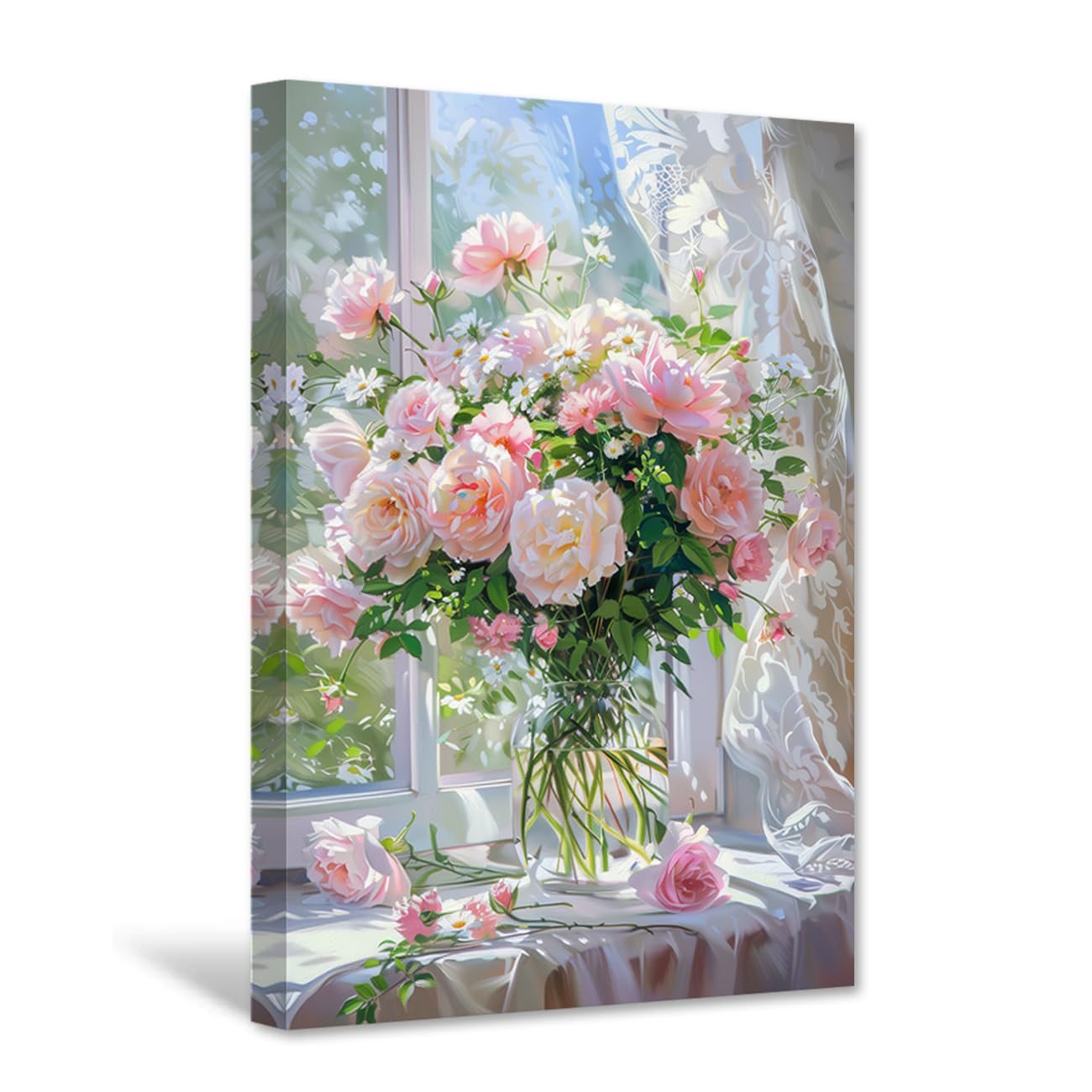 CXHOSTENT Rose Canvas Wall Art Vintage Flower Pictures Pink Floral Painting Print Retro Botanical Prints Rustic Country Bedroom Office Decor Framed (60L x 40W cm)