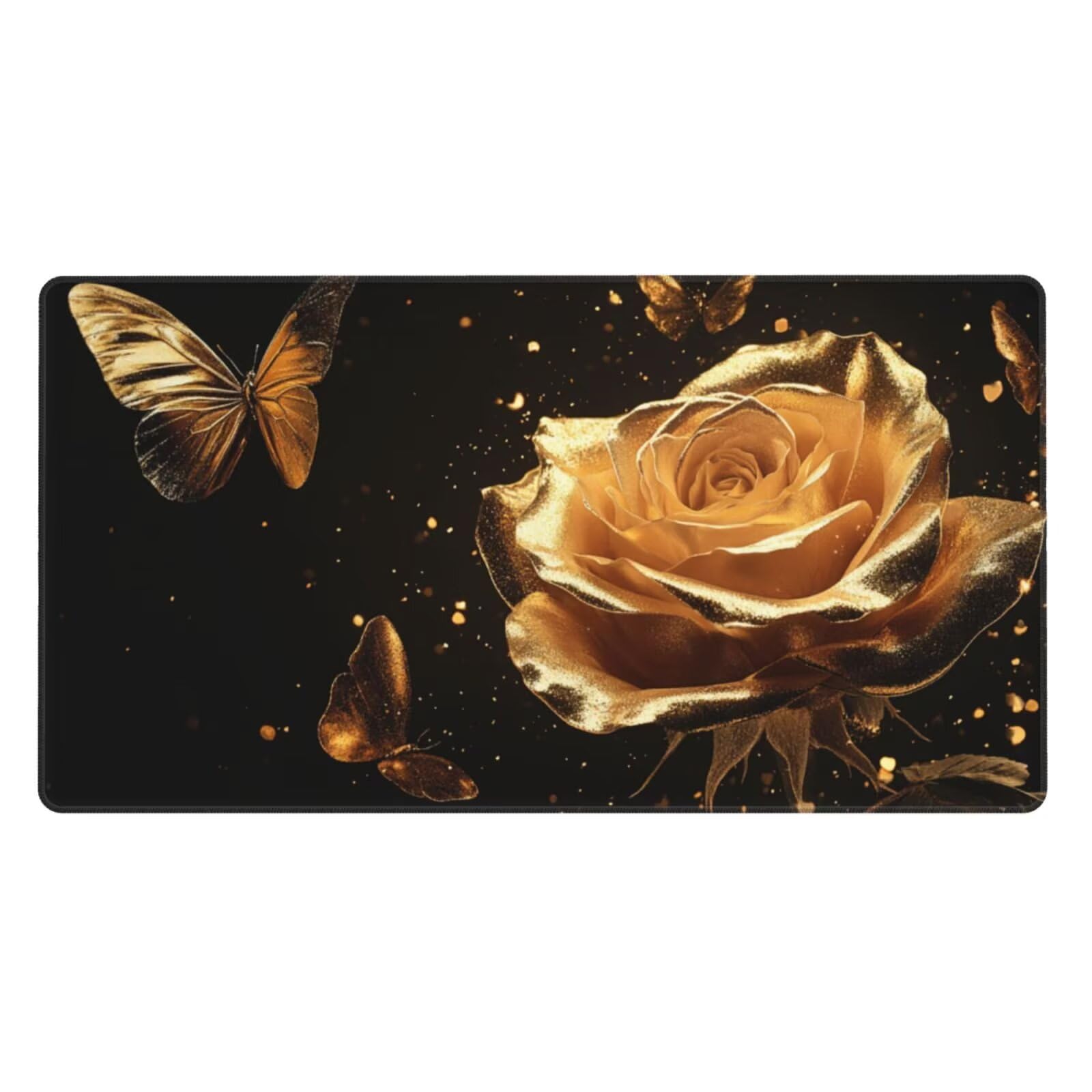 Gaming Mauspad XXL 1200x600x3mm Mousepad Verlängertes Groß Mauspad Schreibtischauflage, Genähte Kanten rutschfeste Gummibasis, Verbessert Präzision Geschwindigkeit Goldene Schmetterlingsrose L-2948