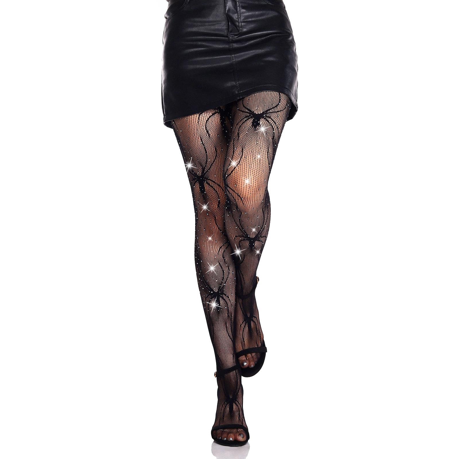 Olbye Black Fishnet Stockings Skull Tights Rhinestone Spiderweb Thigh High Waist Leggings Halloween Goth Tights for Women