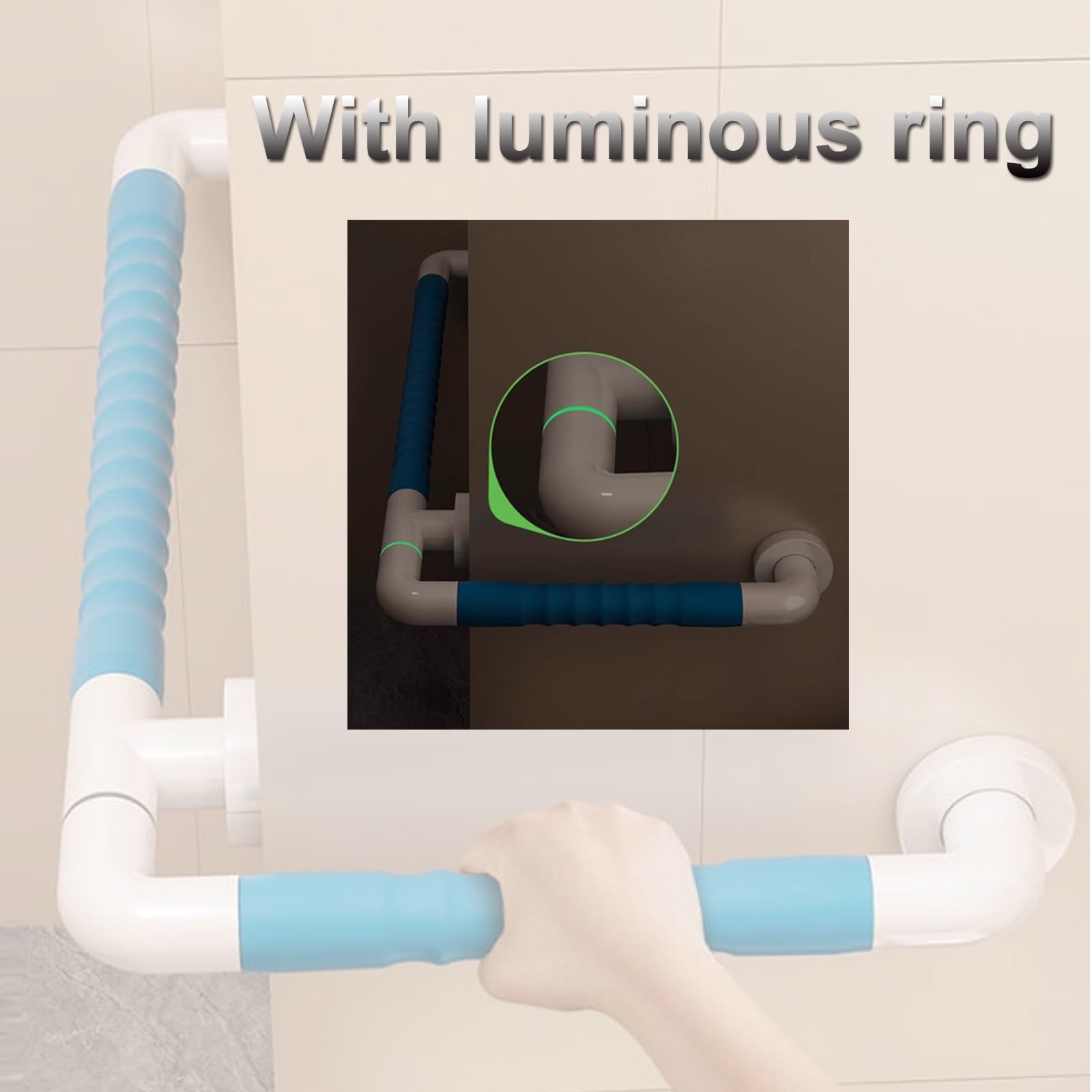 Barra de Apoyo en Forma de L para Ducha, Barras para Ducha, Montaje en Pared con Codo Giratorio y Anillo Luminoso, bañera, Cabina (Azul)