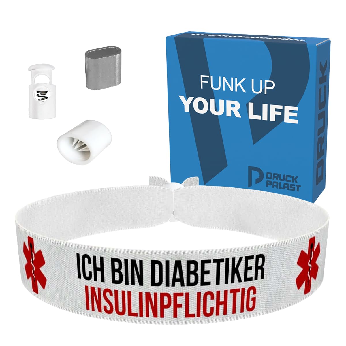 Ich bin Diabetiker insulinpflichtig weiß - Stoffarmband - Wasserfest & langlebig - Notfallarmband für Erwachsene & Kinder - Medizinisches Erkennungsarmband - Sicherheitsarmband für Reisen