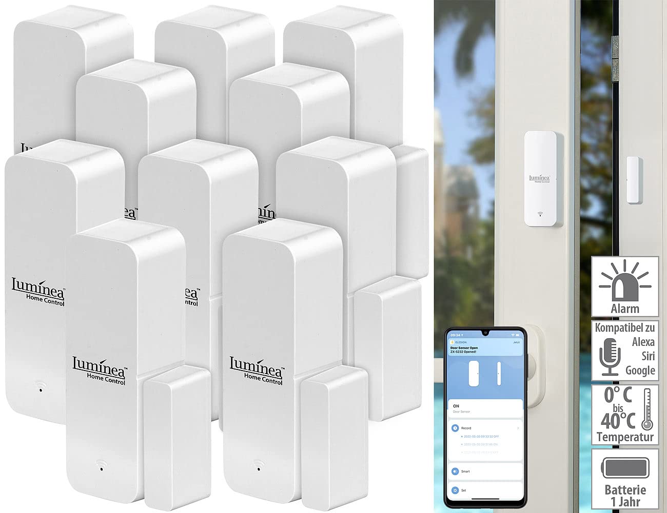 Luminea Home Control Fenstersensoren: 10er-Set ZigBee-Tür- & Fensteralarme, Alexa, Google Assist., Siri, App (Zigbee Fenstersensor, Sensoren, Senioren Handy)