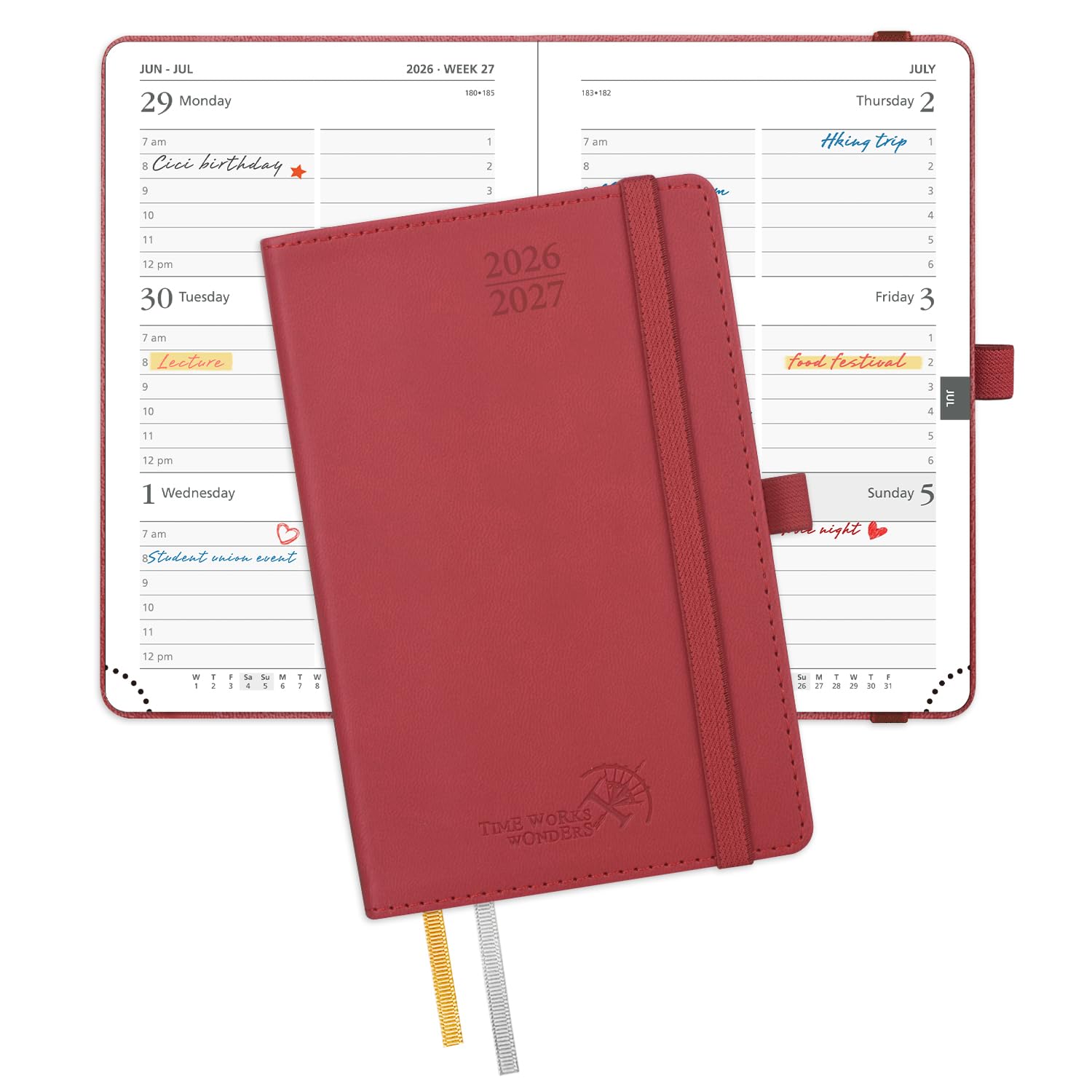 POPRUN Pocket Planner 2026-2027, Purse Size-4" x 6.25", Pocket Calendar (July 2026-June 2027) for Purse, Academic Small Weekly Planner with Hourly Slots, Leather Soft Cover, 100GSM - Burgundy