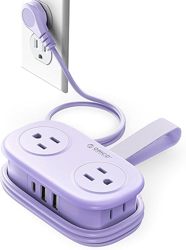 ORICO Regleta de alimentación de viaje púrpura de 4 pies con 4 salidas de CA, 2 puertos USB-A y 1 puerto USB-C, cable de extensión de enchufe plano