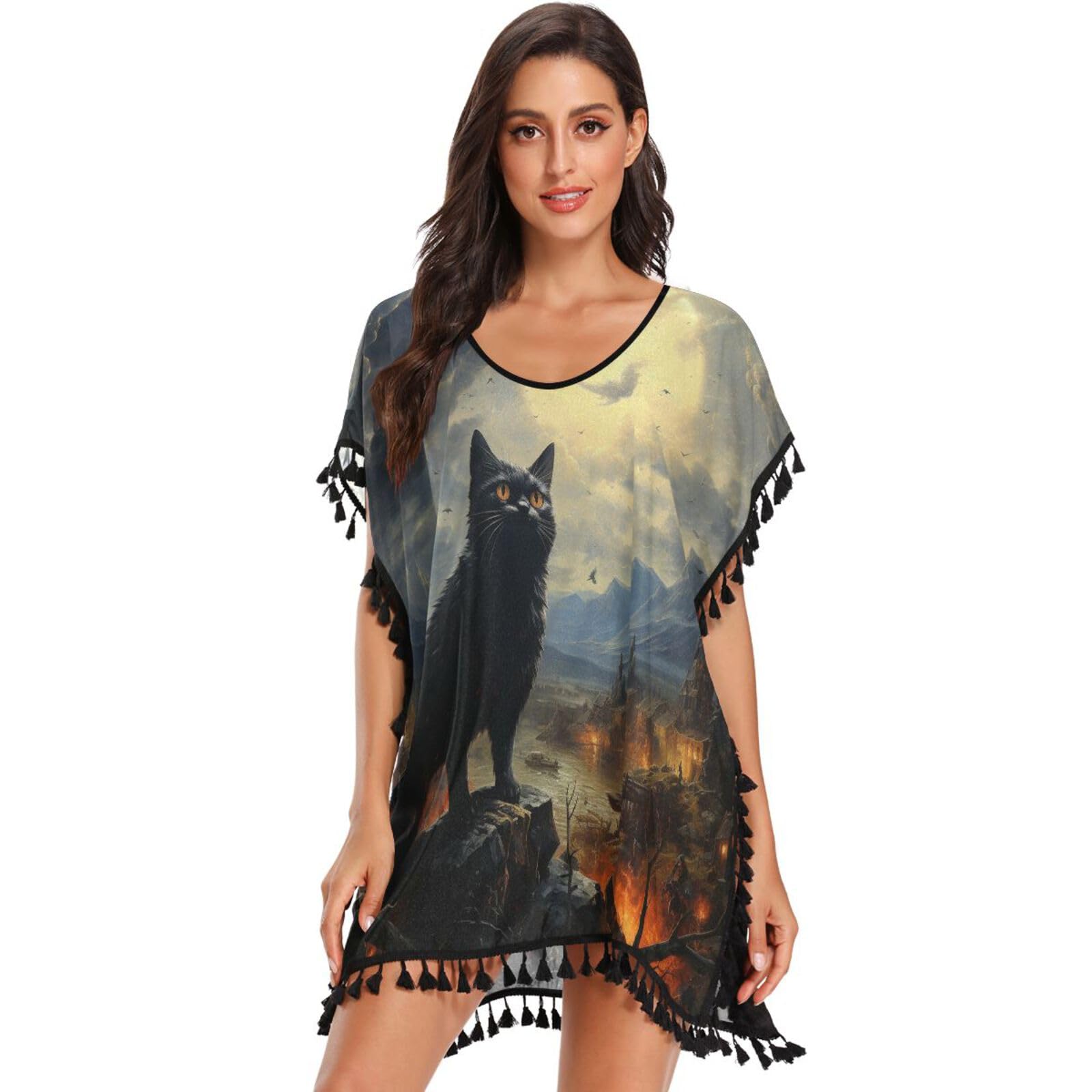 Oil Paintings Angry Cat Moon Women's Beach Cover Up Chiffon Tassel Swimwear Swimsuit Coverups for Girl