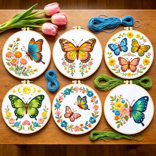 Image of BEUNITONE 6 Set Embroidery Kit for Beginner Adults, Colorful Butterfly Floral DIY Cross Stitch Set with Stamped Pattern Hoops Threads Cloth Needles, Embroidery Starter Kit for Home Decor and Gifting