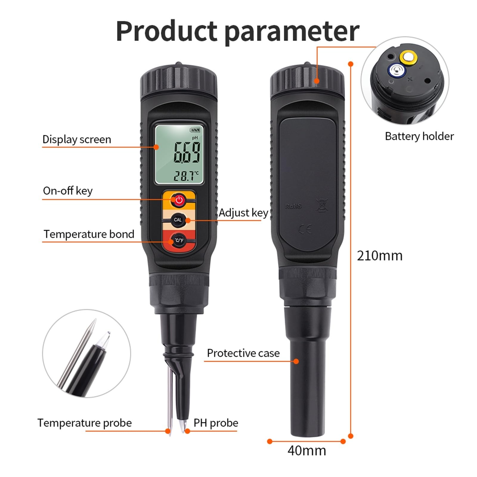 Digitales Lebensmittel-PH-Meter, Wassertemperatur-Säuretester for Obst, Käse, Fleisch, Brot, Boden-PH-Meter, 0,00–14,00,Ausgiebig getestet