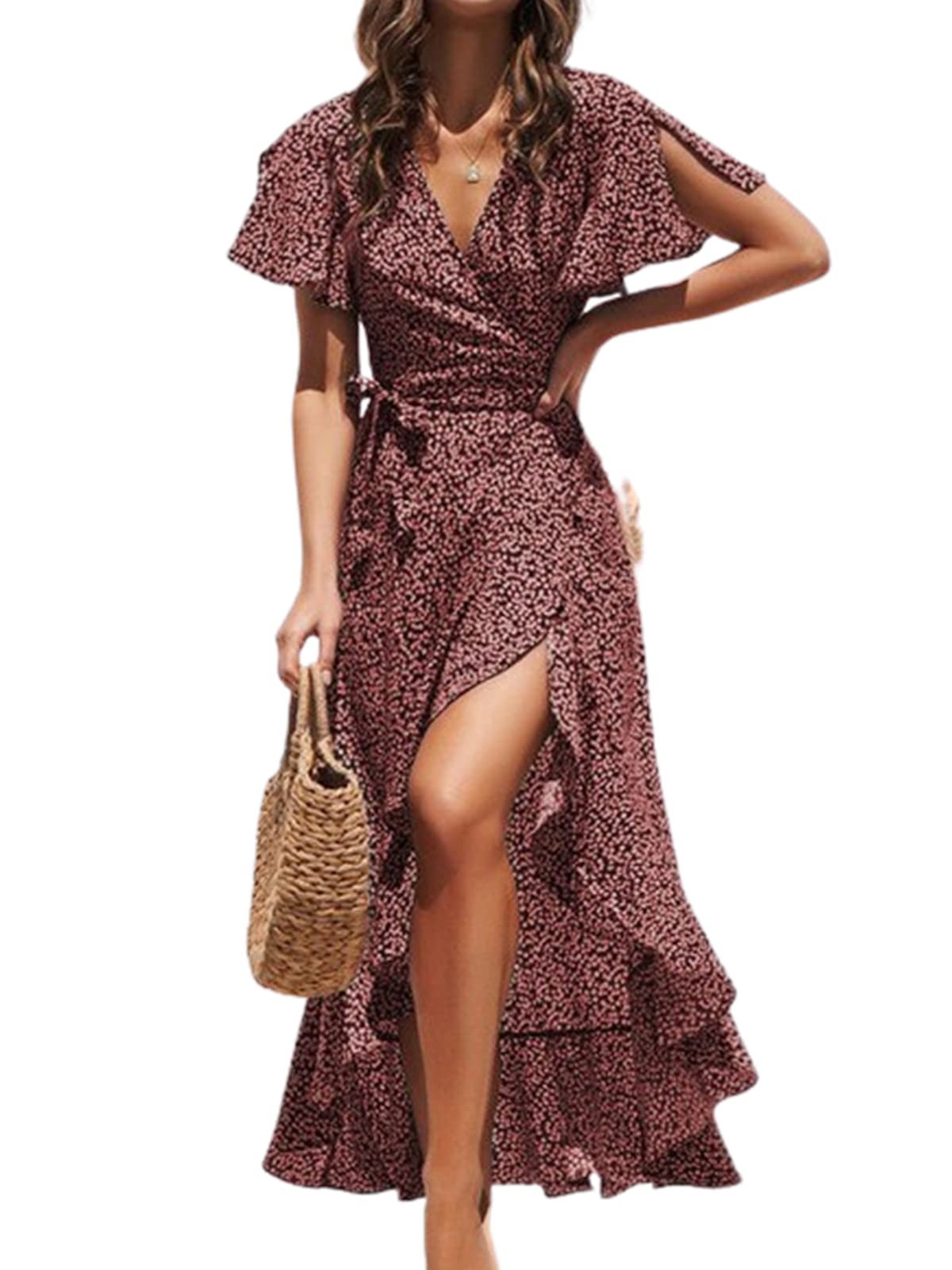 CUPSHE Vestido largo cruzado de verano para mujer, casual, con abertura, acampanado, manga corta, con lazo en la cintura y volantes, vestido de playa