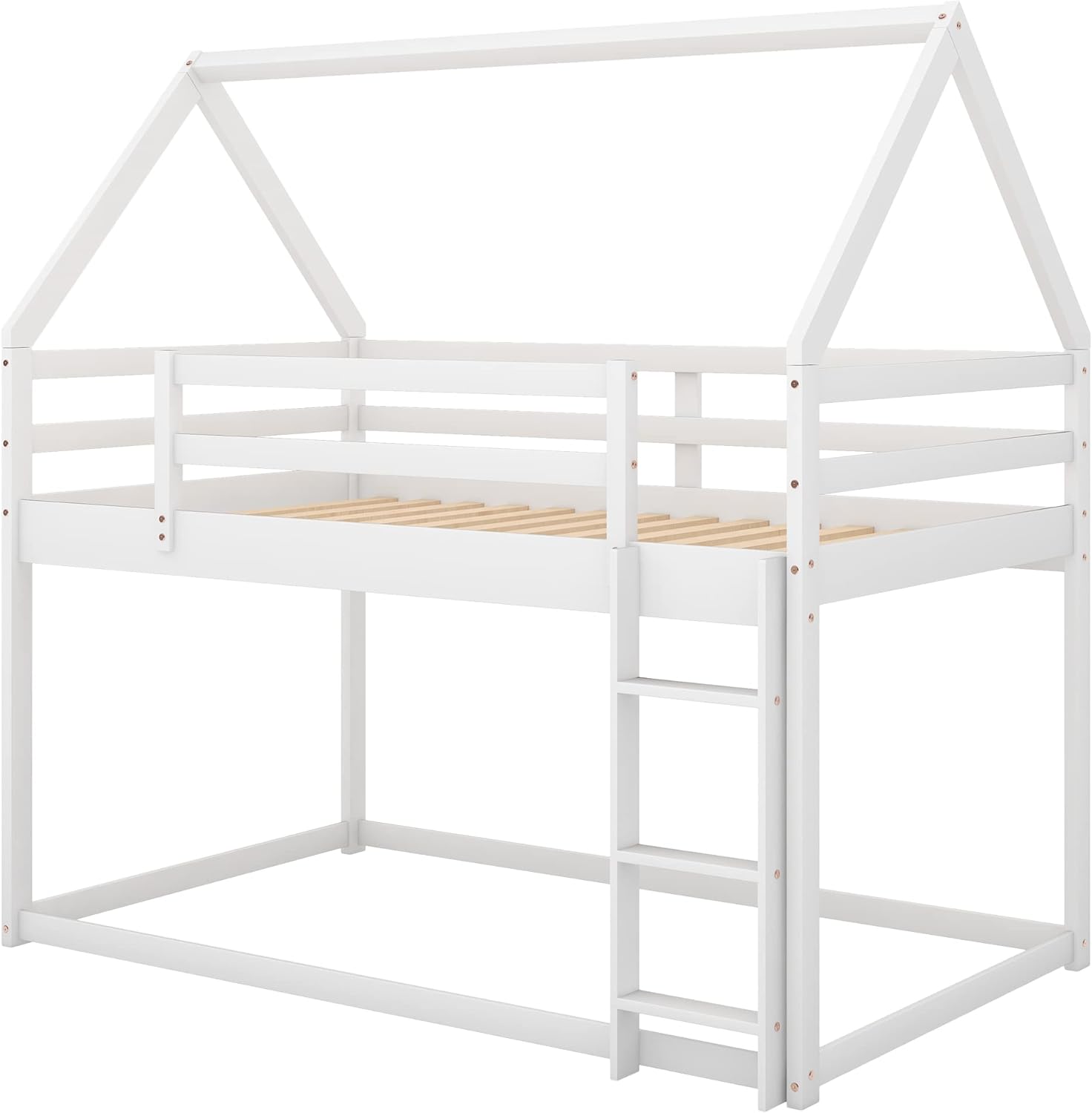 Merax Modern Floor Bunk Bed with Ladder Twin Over Twin, Wood House Shaped Bunk Bed Frame for Kids Boys Girls, No Box Spring Needed White