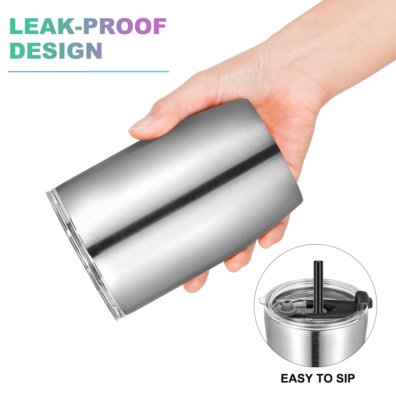 VEGOND Vasos de acero inoxidable de 12 onzas a granel, aislados al vacío, vaso de viaje de doble pared con tapa y popote, vaso reutilizable, acero inoxidable, paquete de 6