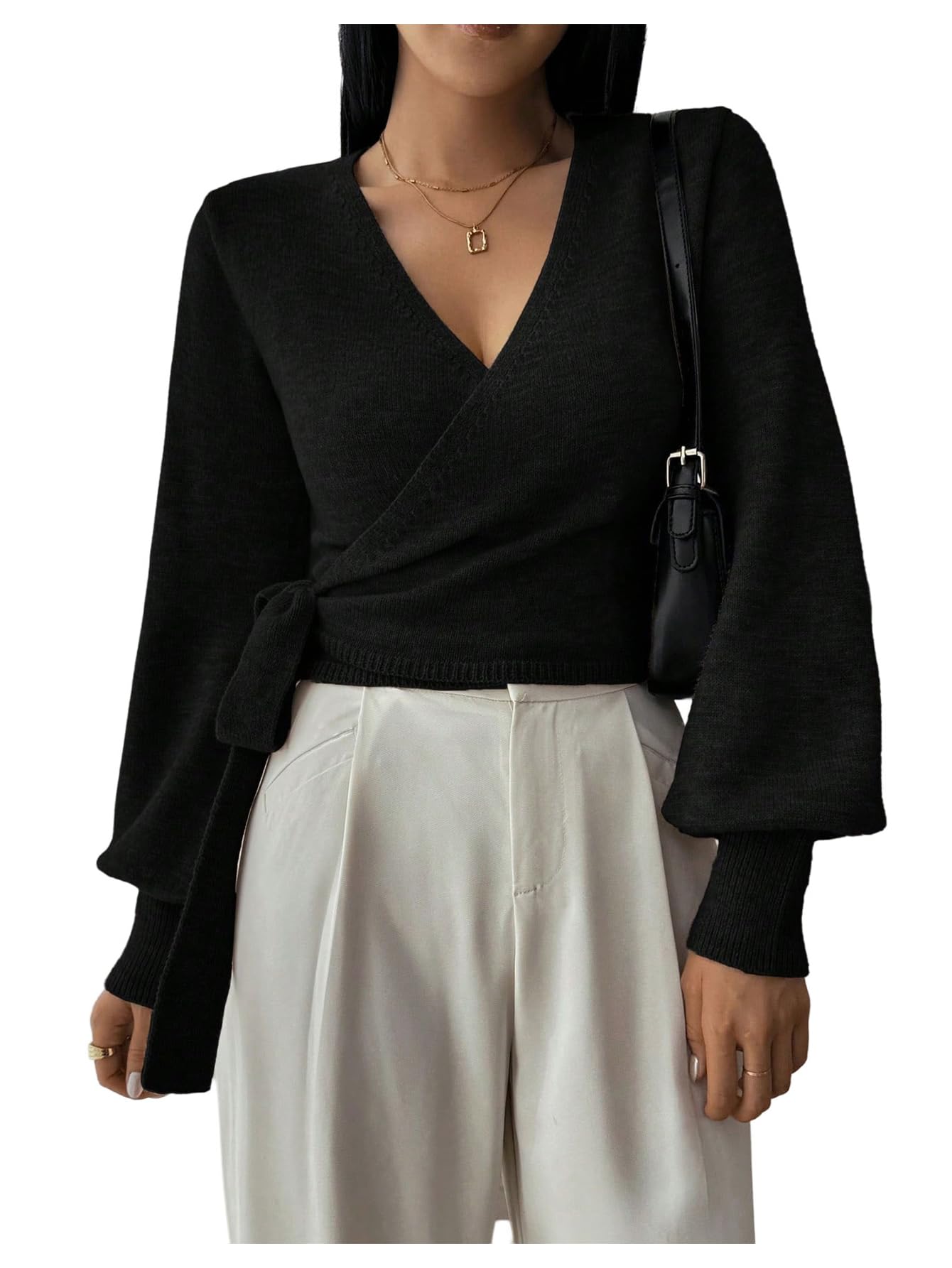 Women's Long Sleeve V Neck Wrap Belted Sweater Elegant Office Knitted Crop Tops Fall Outfits-image-6