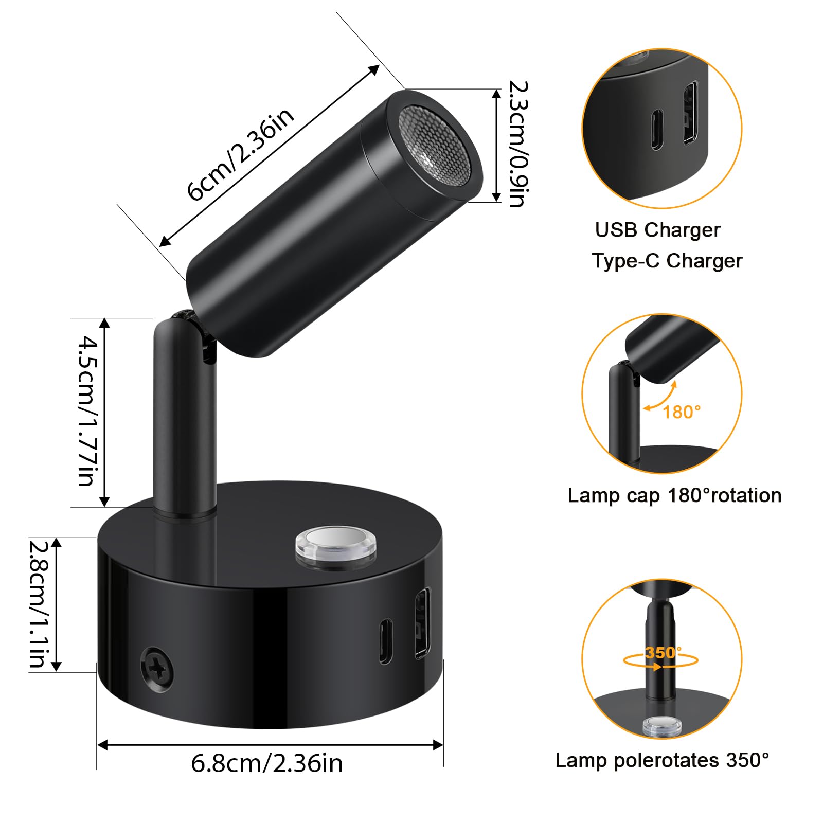 ERWEY 2er LED Leselampe 12V Wohnmobil,Wandleuchte Bettlampe mit Schalter Touch Dimmbar 3000K-6000K, DC 12V-24V Spot Innenbeleuchtung mit USB A+C-Anschlüssen für Boot Auto Van Yacht (Schwarz)